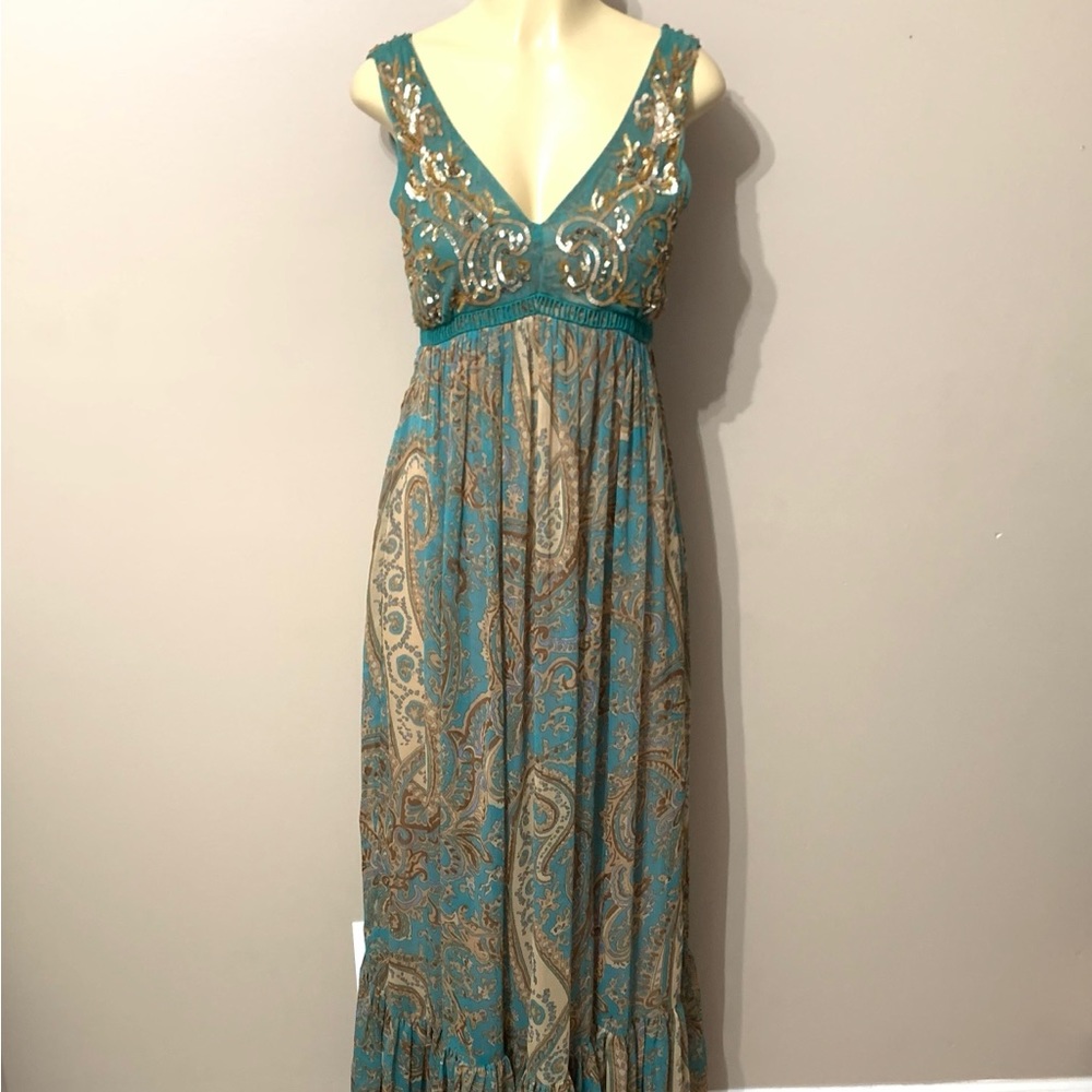 Ranna Gill Anthropologie blue/brown paisley sequin dress size 0